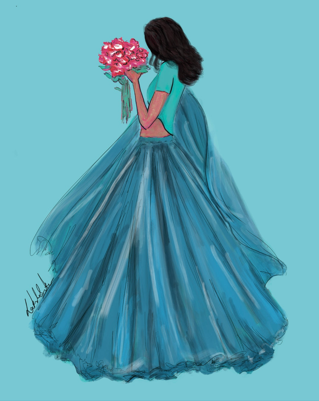 Woman in Blue Lehenga holding Flowers - Bridesmaid , springtime