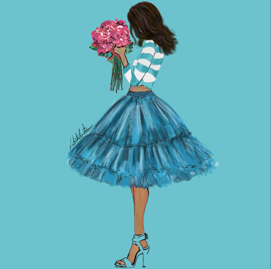 Blue Tulle Woman holding Flowers - Bridesmaid , springtime