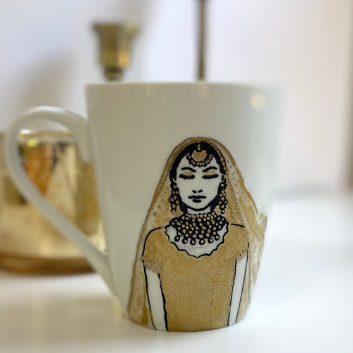 Hand painted ceramic mug with South Asian Bridal illustration 