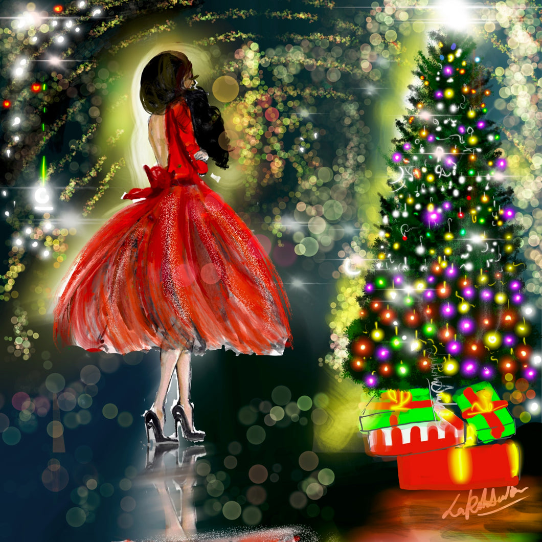 Christmas Joy - Illustration of woman in front of Christmas tree