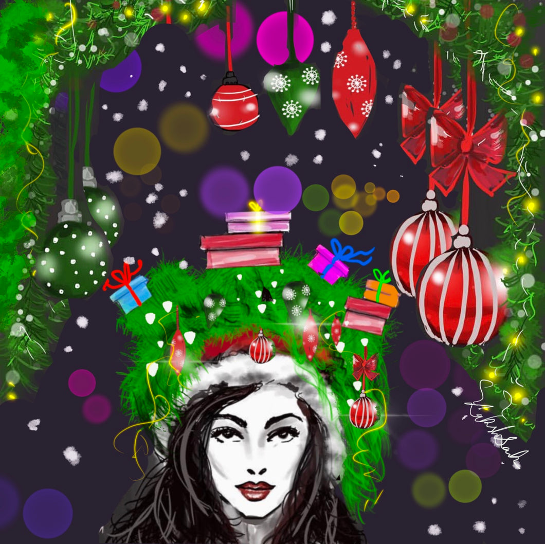 Christmas on my mind - Illustration of woman with Christmas ornaments