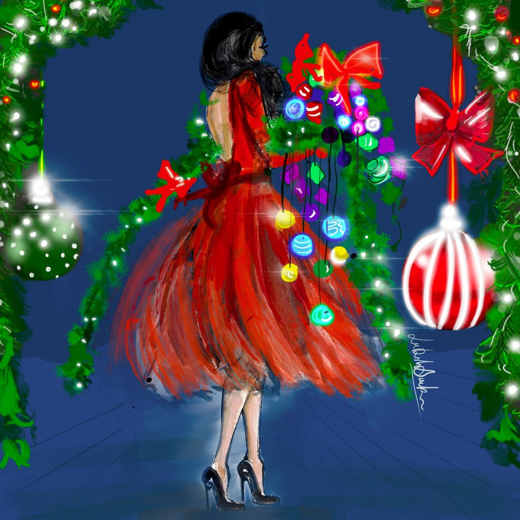 Deck the hallways - Illustration of woman in red outfit carrying Christmas ornaments