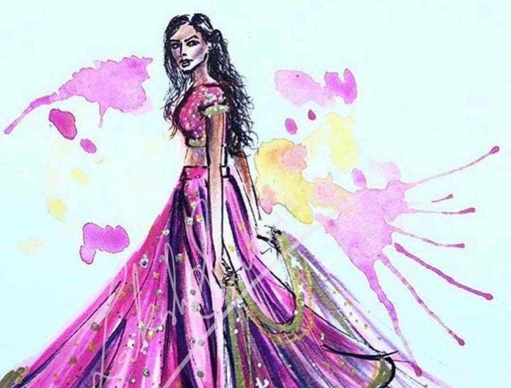 Woman in Pink Ghagra Choli - Indian Inspired Fashion Illustration